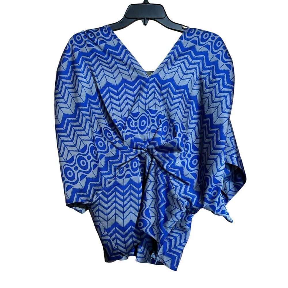 FEI Anthropologie Top Women Medium Multicolor Peacock Print V Neck Ruched Blouse